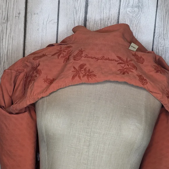 Tommy Bahama 100% Silk Orange Embroidered Pineapple Palm Tree Camp Shirt - M - Picture 8 of 13